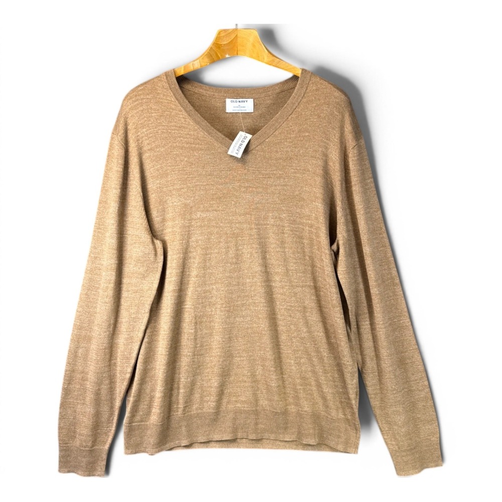 NWT Old Navy V-Neck Sweater Mens XL Tan Cotton Blend Heathered Ribbed Knit Light